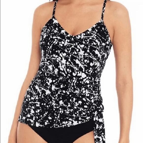 MagicSuit Alex Tankini Swim Top Side Tie V Neck Splatter Print Black White 12 - Picture 2 of 9